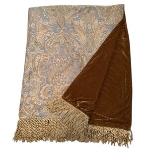 Fringed Paisley Jacquard Damask Velour Boho Blanket Twisted Rope Blue Brown